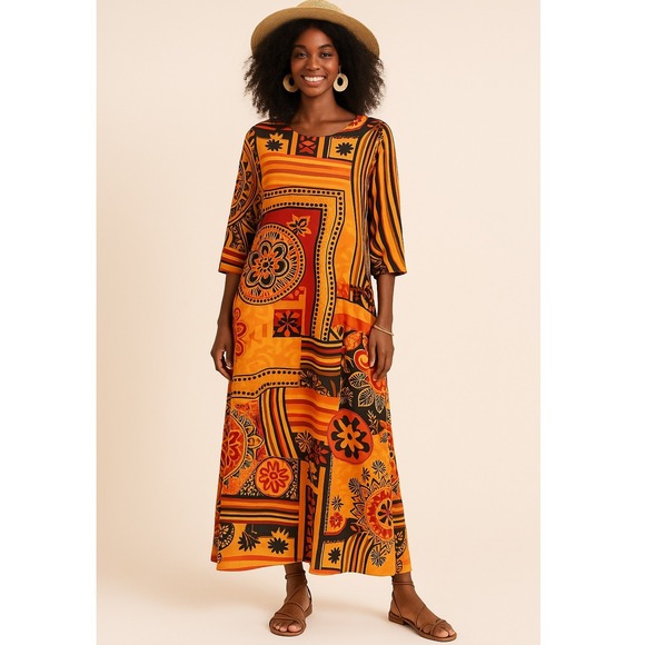 Ursimie Print Dress Bohemian Casual 3/4 Sleeve‎ Tunic Dress Orange Red Medium - Picture 1 of 11